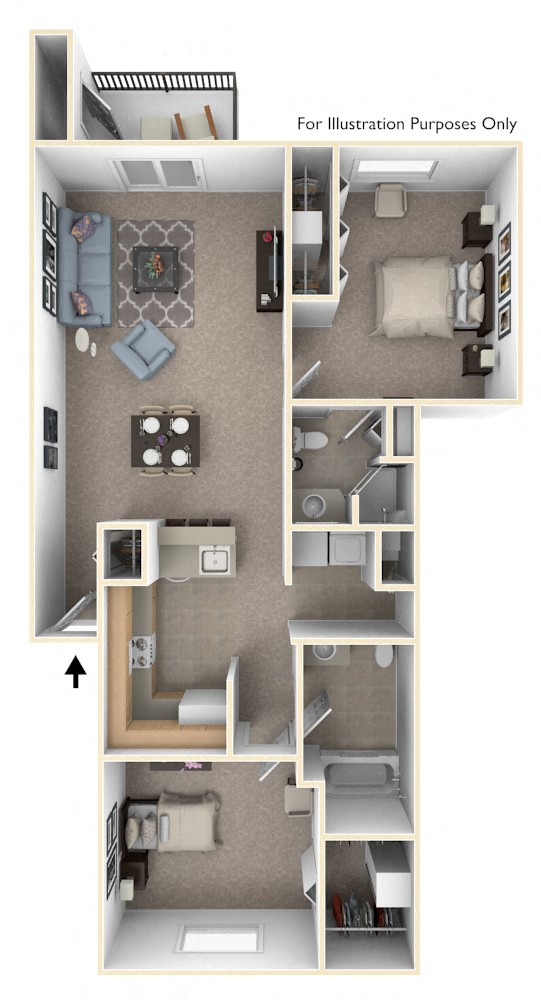 Two Bedroom, Two Bathroom Floor Plan at Windmill Lakes Apartments, Michigan